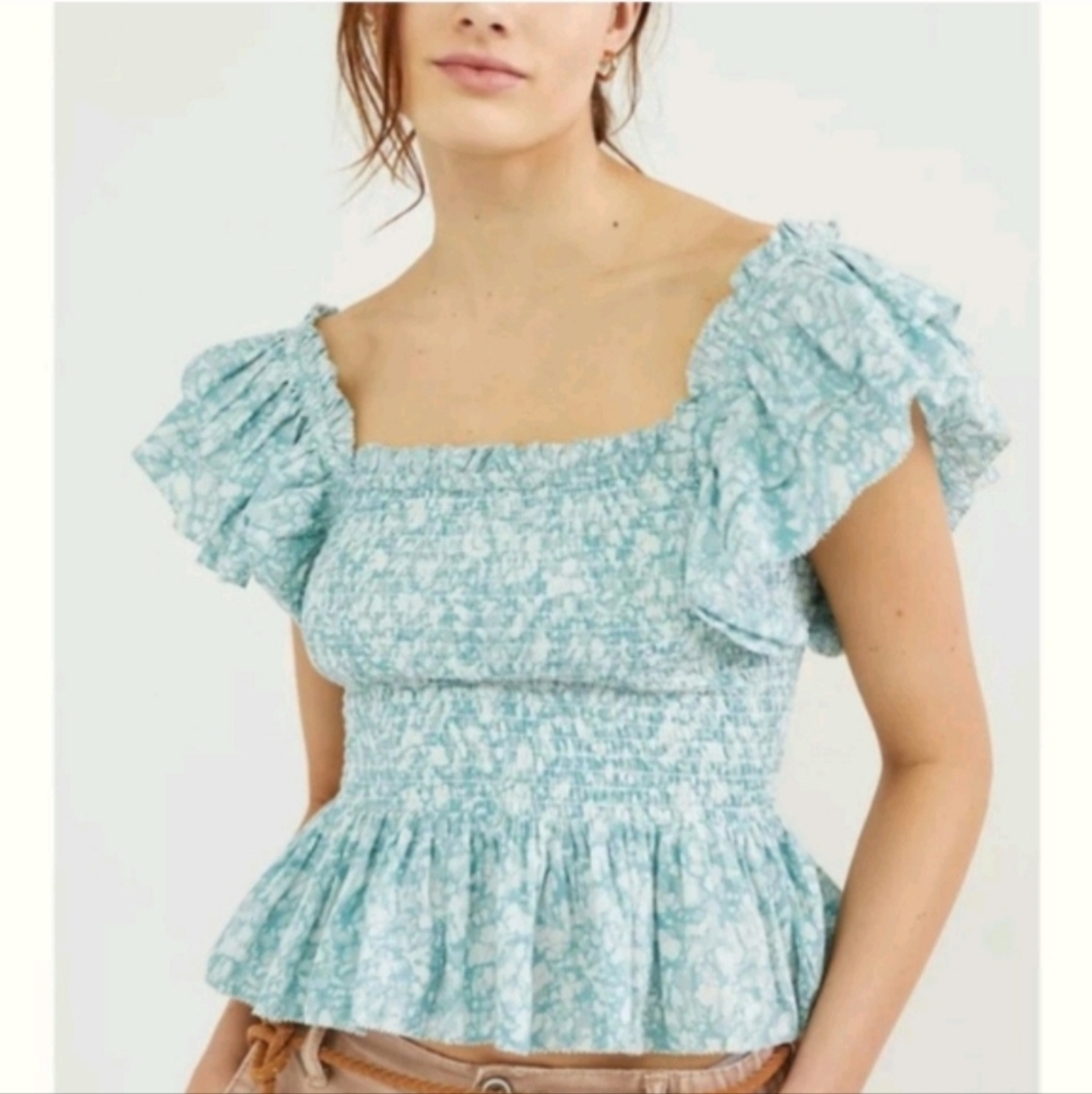Love The Label Smocked Ruffle Square Neck Top Sz L And Xs